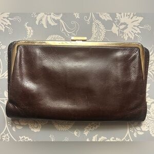 Vintage HOBO Kisslock Brown Leather Wallet with Floral Lined Interior